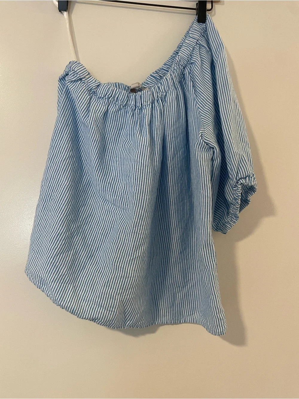 LOFT Light Blue and White Striped Off-Shoulder Top